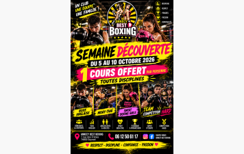🥊 OSE MONTER SUR LE RING ! 🔥 1 COURS OFFERT – TROUVE TA BOXE ! ⚡ Boxe Anglaise • Muay-Thaï • Sweat Boxing Girls • Team Compétition Hard 📅 5 → 10 OCTOBRE 2026 📍 ANNECY BEST BOXING VIENS. TESTE. DÉPASSE-TOI. 🥊🔥
