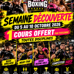 🥊 OSE MONTER SUR LE RING ! 🔥 1 COURS OFFERT – TROUVE TA BOXE ! ⚡ Boxe Anglaise • Muay-Thaï • Sweat Boxing Girls • Team Compétition Hard 📅 5 → 10 OCTOBRE 2026 📍 ANNECY BEST BOXING VIENS. TESTE. DÉPASSE-TOI. 🥊🔥
